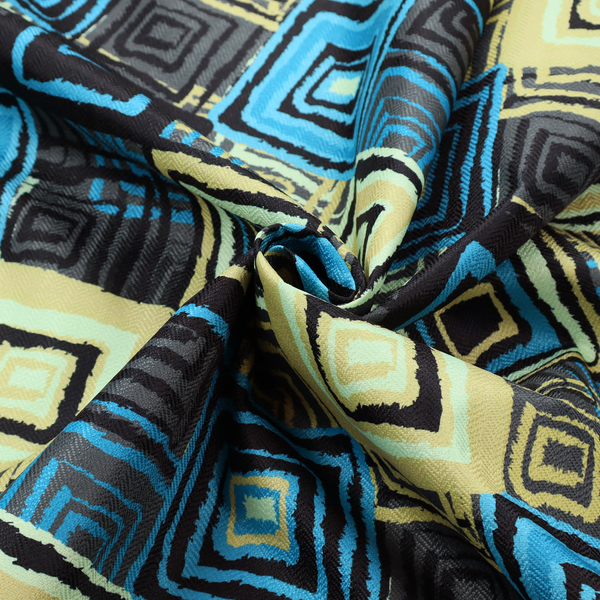 Abstract geometric pattern featuring nested squares in shades of bright blue, pale yellow, dark grey, and black.