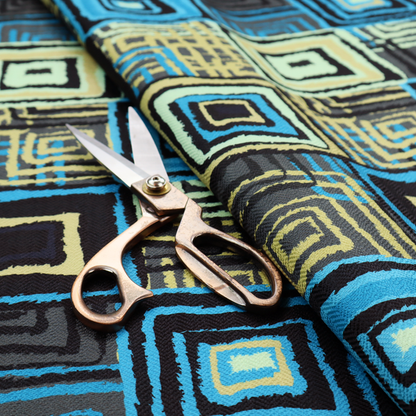 Abstract geometric pattern featuring nested squares in shades of bright blue, pale yellow, dark grey, and black.