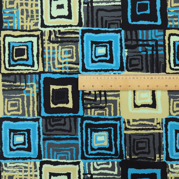 Abstract geometric pattern featuring nested squares in shades of bright blue, pale yellow, dark grey, and black.