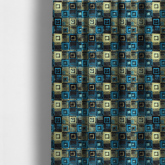 The fabric used to create these made-to-measure curtains is an abstract geometric pattern featuring nested squares in shades of bright blue, pale yellow, dark grey, and black.