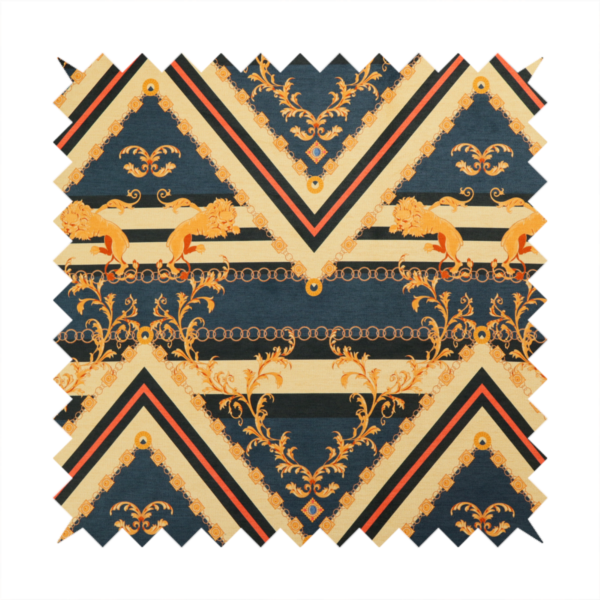 Ornate geometric repeating pattern featuring interlocking triangles, golden lions, chains, filigree scrolls, and heraldic motifs in navy blue, cream, and orange.