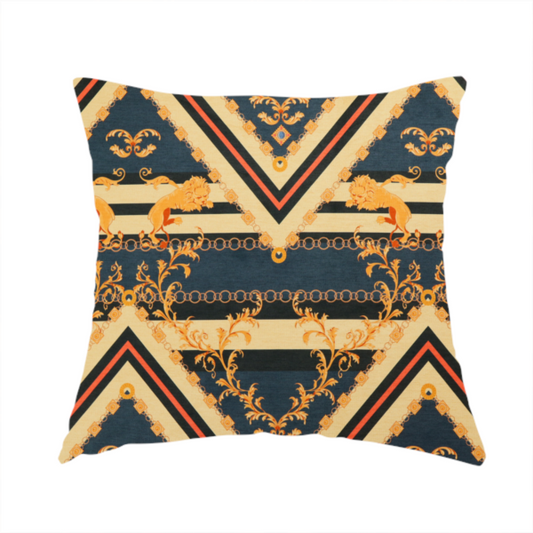The fabric used to create this handmade cushion is an ornate geometric repeating pattern featuring interlocking triangles, golden lions, chains, filigree scrolls, and heraldic motifs in navy blue, cream, and orange.