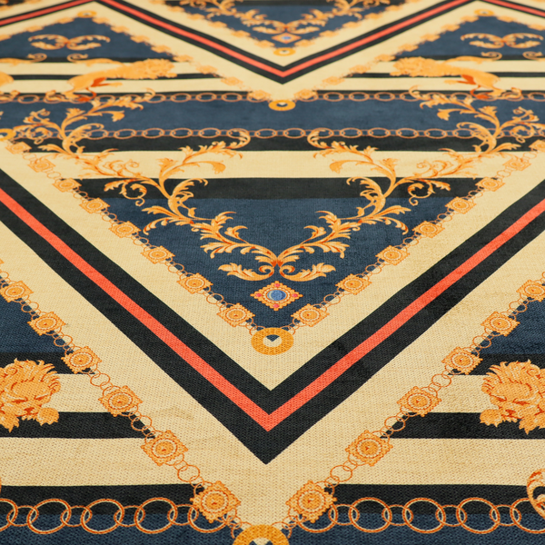 Ornate geometric repeating pattern featuring interlocking triangles, golden lions, chains, filigree scrolls, and heraldic motifs in navy blue, cream, and orange.