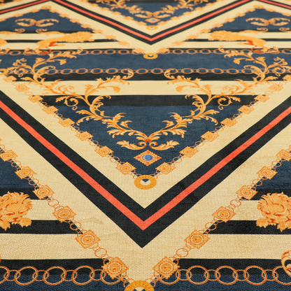 Ornate geometric repeating pattern featuring interlocking triangles, golden lions, chains, filigree scrolls, and heraldic motifs in navy blue, cream, and orange.