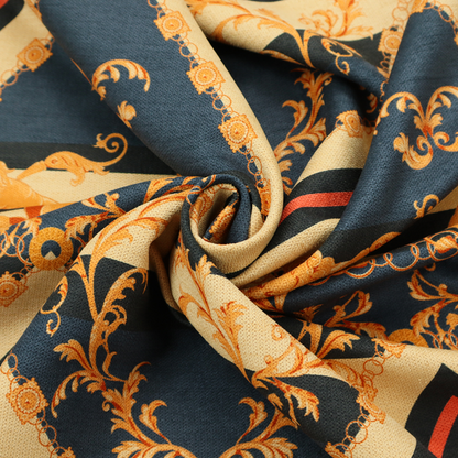 Ornate geometric repeating pattern featuring interlocking triangles, golden lions, chains, filigree scrolls, and heraldic motifs in navy blue, cream, and orange.