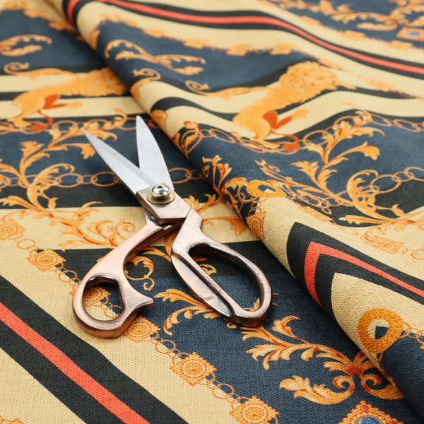 Ornate geometric repeating pattern featuring interlocking triangles, golden lions, chains, filigree scrolls, and heraldic motifs in navy blue, cream, and orange.