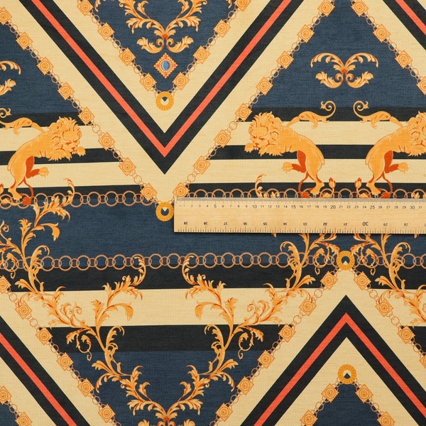Ornate geometric repeating pattern featuring interlocking triangles, golden lions, chains, filigree scrolls, and heraldic motifs in navy blue, cream, and orange.