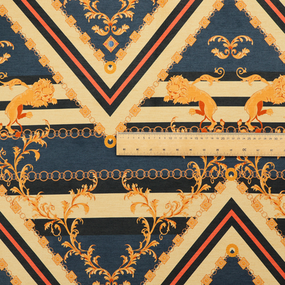 Ornate geometric repeating pattern featuring interlocking triangles, golden lions, chains, filigree scrolls, and heraldic motifs in navy blue, cream, and orange.