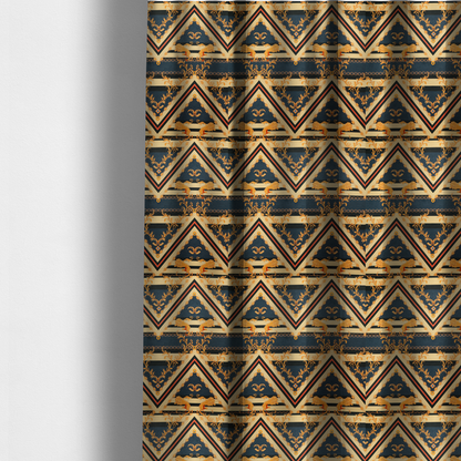 The fabric used to create these made-to-measure curtains is an ornate geometric repeating pattern featuring interlocking triangles, golden lions, chains, filigree scrolls, and heraldic motifs in navy blue, cream, and orange.