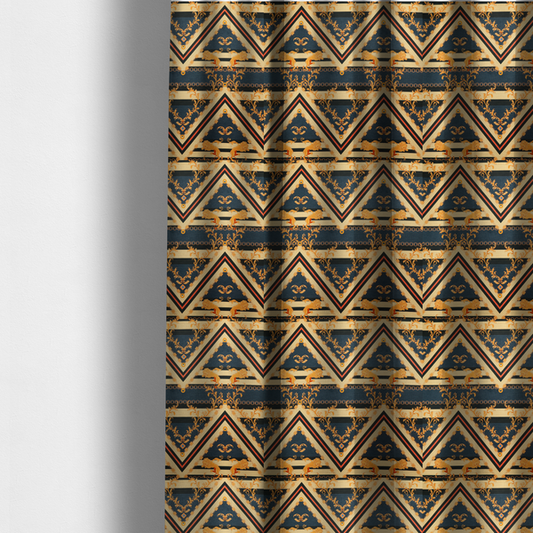 The fabric used to create these made-to-measure curtains is an ornate geometric repeating pattern featuring interlocking triangles, golden lions, chains, filigree scrolls, and heraldic motifs in navy blue, cream, and orange.