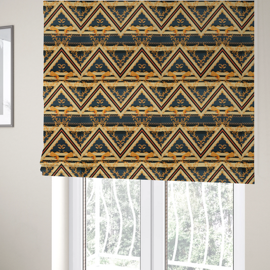 The fabric used to create these Roman blinds is an ornate geometric repeating pattern featuring interlocking triangles, golden lions, chains, filigree scrolls, and heraldic motifs in navy blue, cream, and orange.
