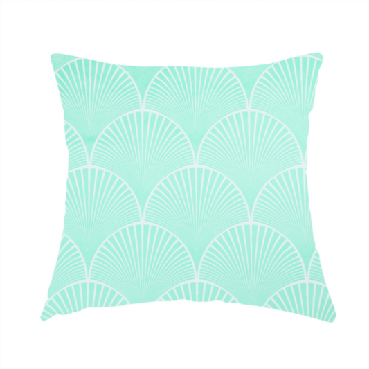 The fabric used to create this handmade cushion is a elegant, repeating Art Deco-inspired fan pattern in a soft mint green and white colour palette.