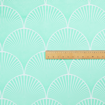 Elegant, repeating Art Deco-inspired fan pattern in a soft mint green and white colour palette.