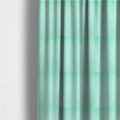 The fabric used to create these made-to-measure curtains is a elegant, repeating Art Deco-inspired fan pattern in a soft mint green and white colour palette.