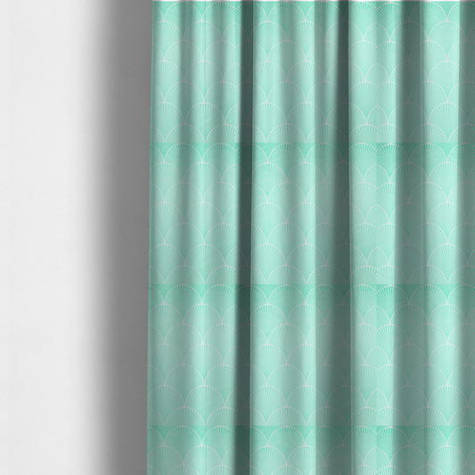 The fabric used to create these made-to-measure curtains is a elegant, repeating Art Deco-inspired fan pattern in a soft mint green and white colour palette.