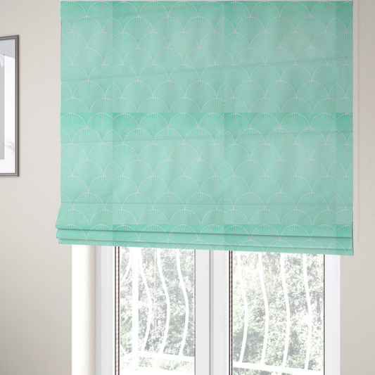 The fabric used to create these Roman blinds is a elegant, repeating Art Deco-inspired fan pattern in a soft mint green and white colour palette.