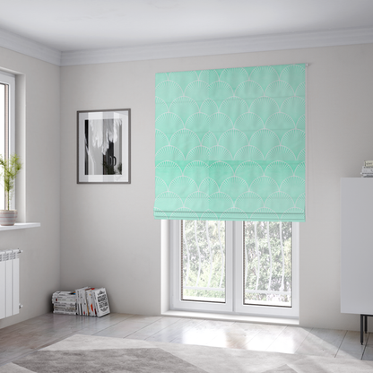 The fabric used to create these Roman blinds is a elegant, repeating Art Deco-inspired fan pattern in a soft mint green and white colour palette.