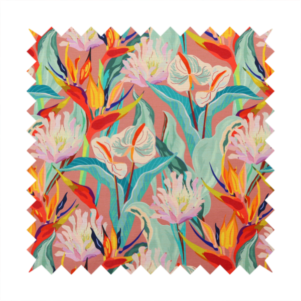 Vibrant repeating botanical pattern featuring tropical flowers, including birds of paradise and white anthuriums, with large green leaves against a dusty pink background.