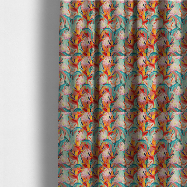 The fabric used to create these made-to-measure curtains is a vibrant repeating botanical pattern featuring tropical flowers, including birds of paradise and white anthuriums, with large green leaves against a dusty pink background.