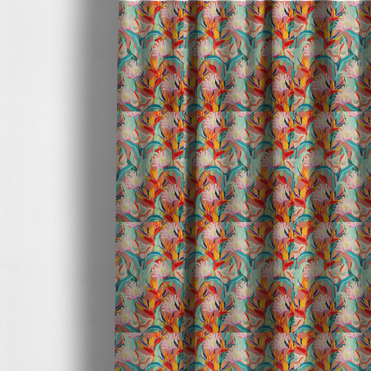 The fabric used to create these made-to-measure curtains is a vibrant repeating botanical pattern featuring tropical flowers, including birds of paradise and white anthuriums, with large green leaves against a dusty pink background.