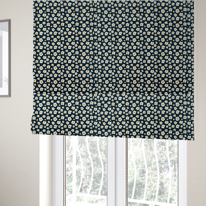 The fabric used to create these Roman blinds is a dark navy blue fabric featuring a dense, repeating pattern of small fried egg motifs with white whites and yellow yolks.
