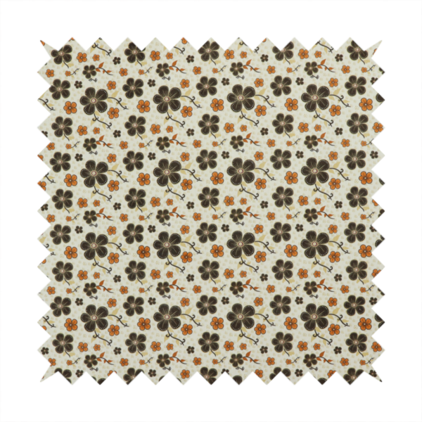 A light cream fabric featuring a repeating retro pattern of dark brown and orange flowers with scrolling vines.