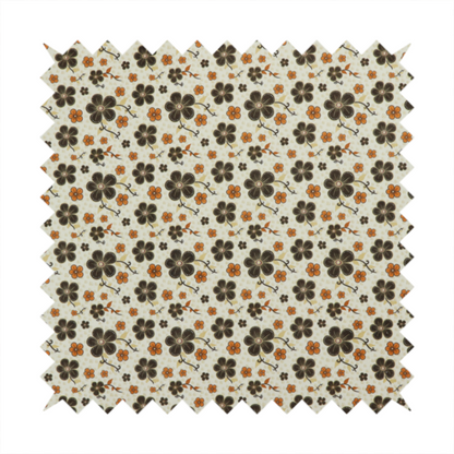 A light cream fabric featuring a repeating retro pattern of dark brown and orange flowers with scrolling vines.