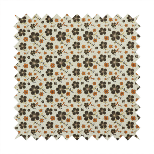 A light cream fabric featuring a repeating retro pattern of dark brown and orange flowers with scrolling vines.