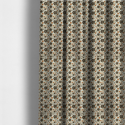 The fabric used to create these made-to-measure curtains is a light cream fabric featuring a repeating retro pattern of dark brown and orange flowers with scrolling vines.