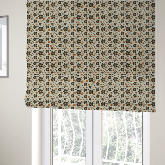 The fabric used to create these Roman blinds is a light cream fabric featuring a repeating retro pattern of dark brown and orange flowers with scrolling vines.