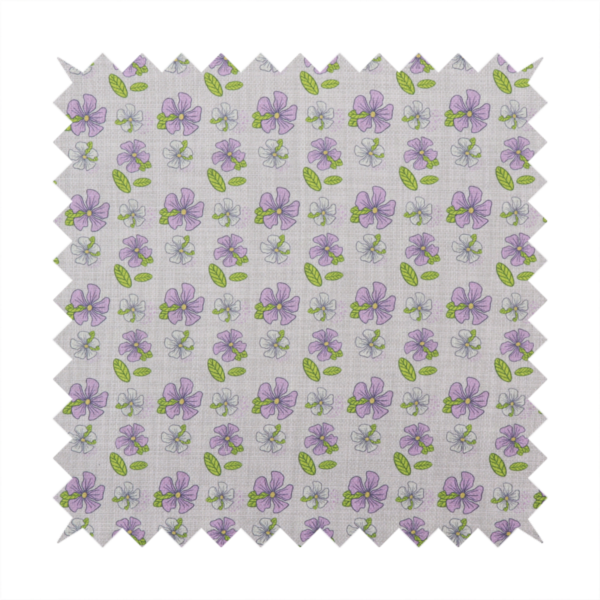 A light grey-purple fabric featuring a repeating pattern of purple and white flowers with green leaves.