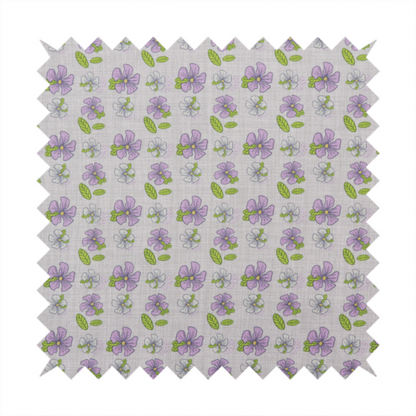 A light grey-purple fabric featuring a repeating pattern of purple and white flowers with green leaves.
