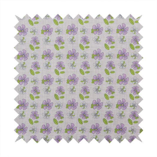 A light grey-purple fabric featuring a repeating pattern of purple and white flowers with green leaves.