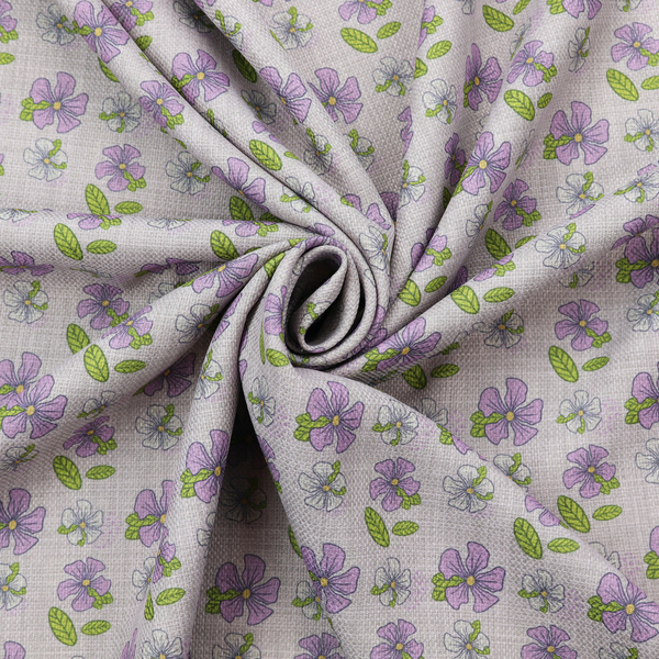 A light grey-purple fabric featuring a repeating pattern of purple and white flowers with green leaves.