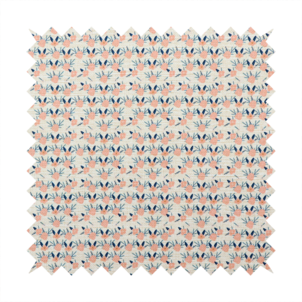 An off-white fabric featuring a neat, repeating geometric pattern of small peach-pink flowers and dark blue leafy sprigs.
