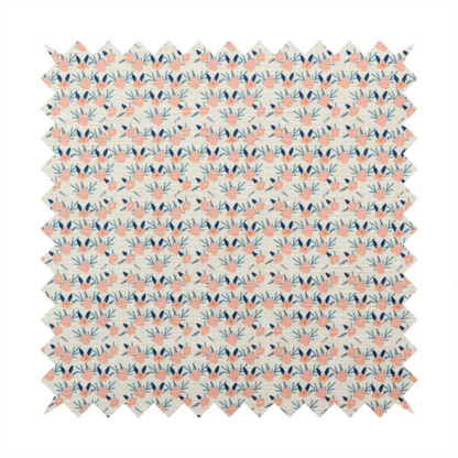 An off-white fabric featuring a neat, repeating geometric pattern of small peach-pink flowers and dark blue leafy sprigs.