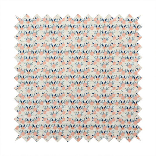 An off-white fabric featuring a neat, repeating geometric pattern of small peach-pink flowers and dark blue leafy sprigs.