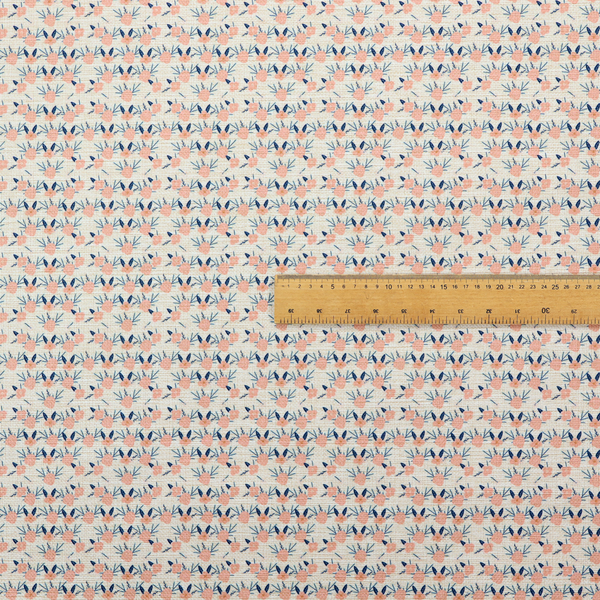 An off-white fabric featuring a neat, repeating geometric pattern of small peach-pink flowers and dark blue leafy sprigs.
