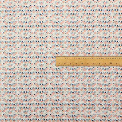 An off-white fabric featuring a neat, repeating geometric pattern of small peach-pink flowers and dark blue leafy sprigs.