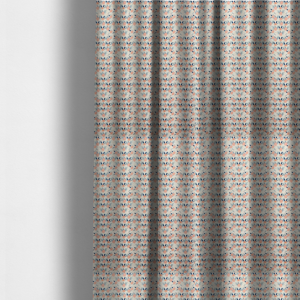 The fabric used to create these made-to-measure curtains is an off-white fabric featuring a neat, repeating geometric pattern of small peach-pink flowers and dark blue leafy sprigs.