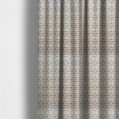 The fabric used to create these made-to-measure curtains is an off-white fabric featuring a neat, repeating geometric pattern of small peach-pink flowers and dark blue leafy sprigs.