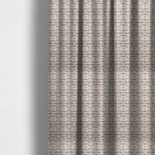 The fabric used to create these made-to-measure curtains is an off-white fabric featuring a neat, repeating geometric pattern of small peach-pink flowers and dark blue leafy sprigs.