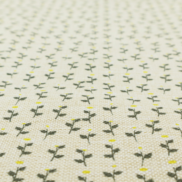 This fabric features a delicate, small-scale floral print on a textured, light cream or off-white background that resembles natural linen.