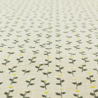 This fabric features a delicate, small-scale floral print on a textured, light cream or off-white background that resembles natural linen.