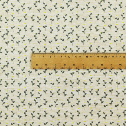 This fabric features a delicate, small-scale floral print on a textured, light cream or off-white background that resembles natural linen.