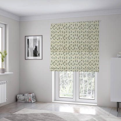 The fabric used to create these Roman blinds is a fabric features a delicate, small-scale floral print on a textured, light cream or off-white background that resembles natural linen.