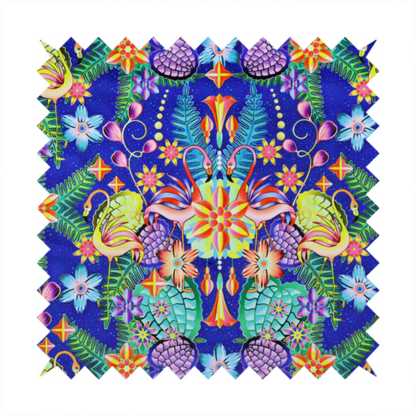 This fabric features an intricate, psychedelic-inspired tropical print with a rich, dark blue background.
