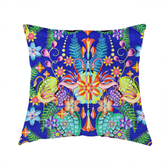 The fabric used to create this handmade cushion is a fabric features an intricate, psychedelic-inspired tropical print with a rich, dark blue background.