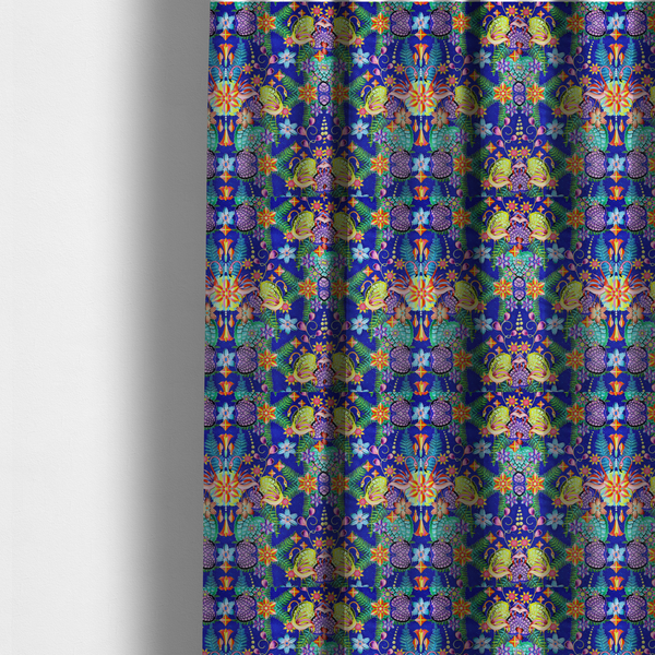 The fabric used to create these made-to-measure curtains is a fabric features an intricate, psychedelic-inspired tropical print with a rich, dark blue background.