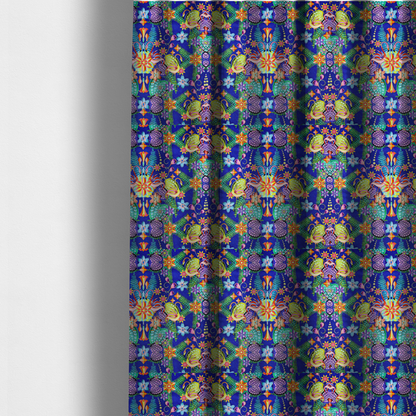 The fabric used to create these made-to-measure curtains is a fabric features an intricate, psychedelic-inspired tropical print with a rich, dark blue background.